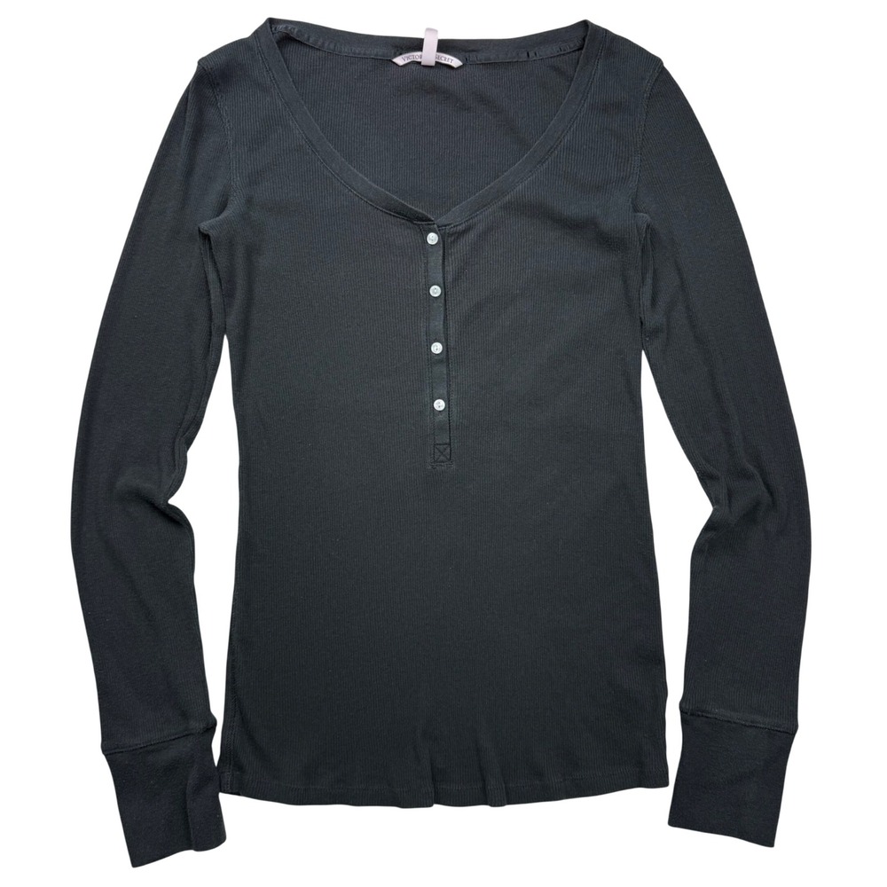 VTG Y2K Style Victoria's Secret Black Ribbed Henley Long Sleeve Top V-Neck Sz S